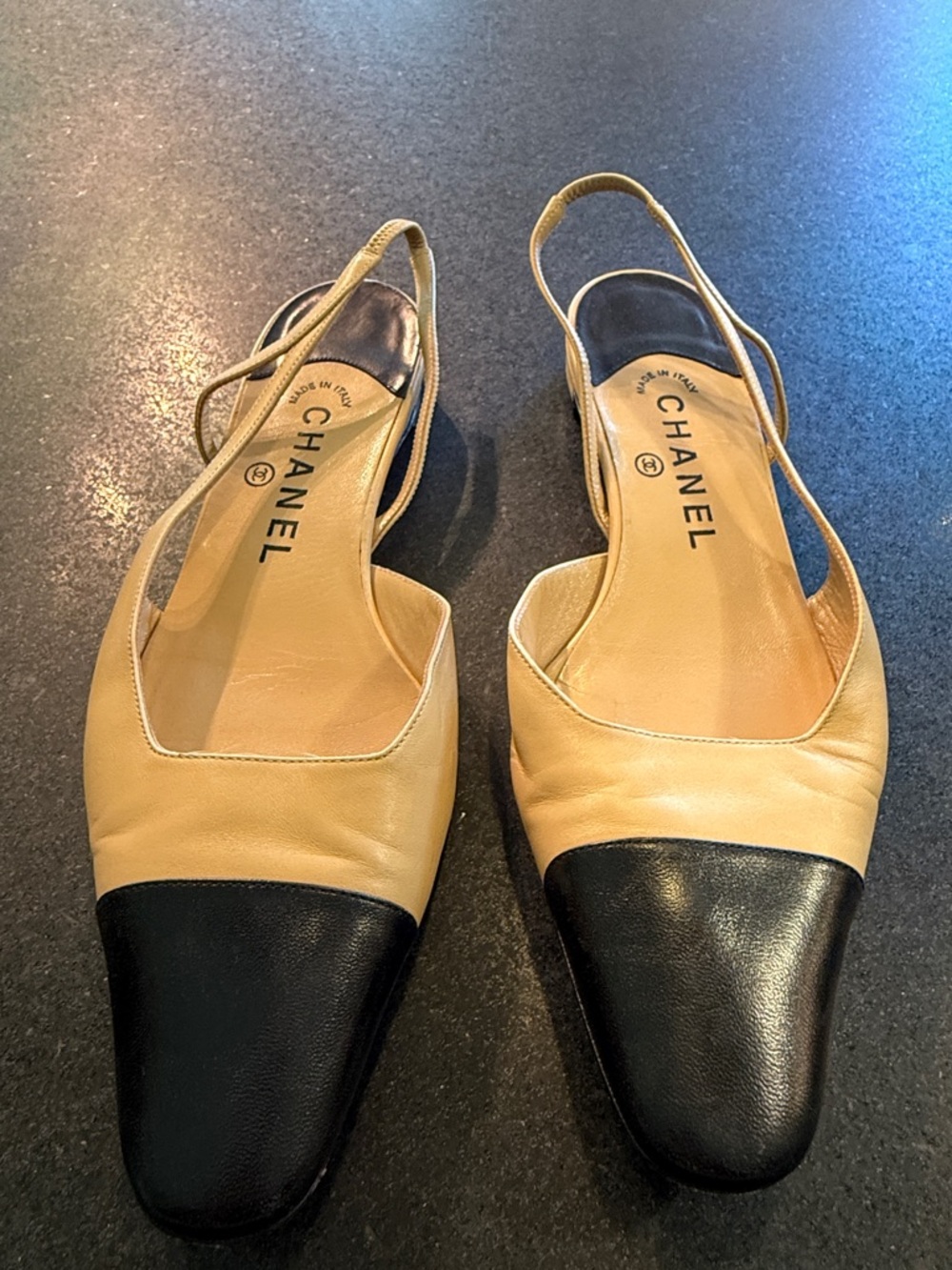 CHANEL Beige and Black Leather Square-Toe Slingback Flats